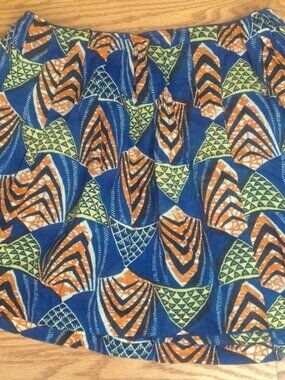VINTAGE AFRICAN PRINT SKIRT WOMENS S ELASTIC WAIST BLUE ORANGE MINI 26"-32"x15"